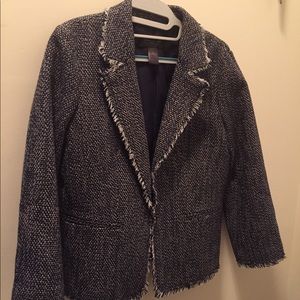 Navy/mauve long sleeved blazer with frayed hem.